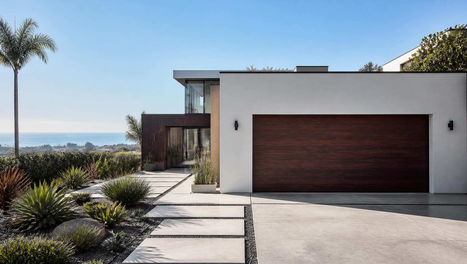 Contemporary Orange County home with a premium wood garage door