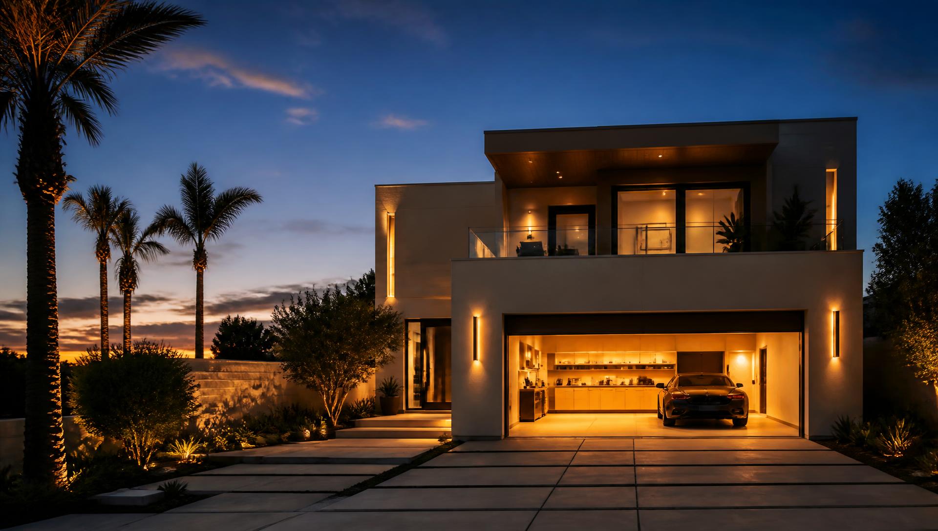 California home at dusk with a warmly lit open garage